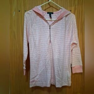 Ralph Lauren Pink and White Striped Hoodie 3/4 Zip Top
